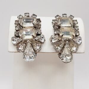 Vintage 1950s Clear Rhinestone Wedding Clip Earrings, 1.5 Inch